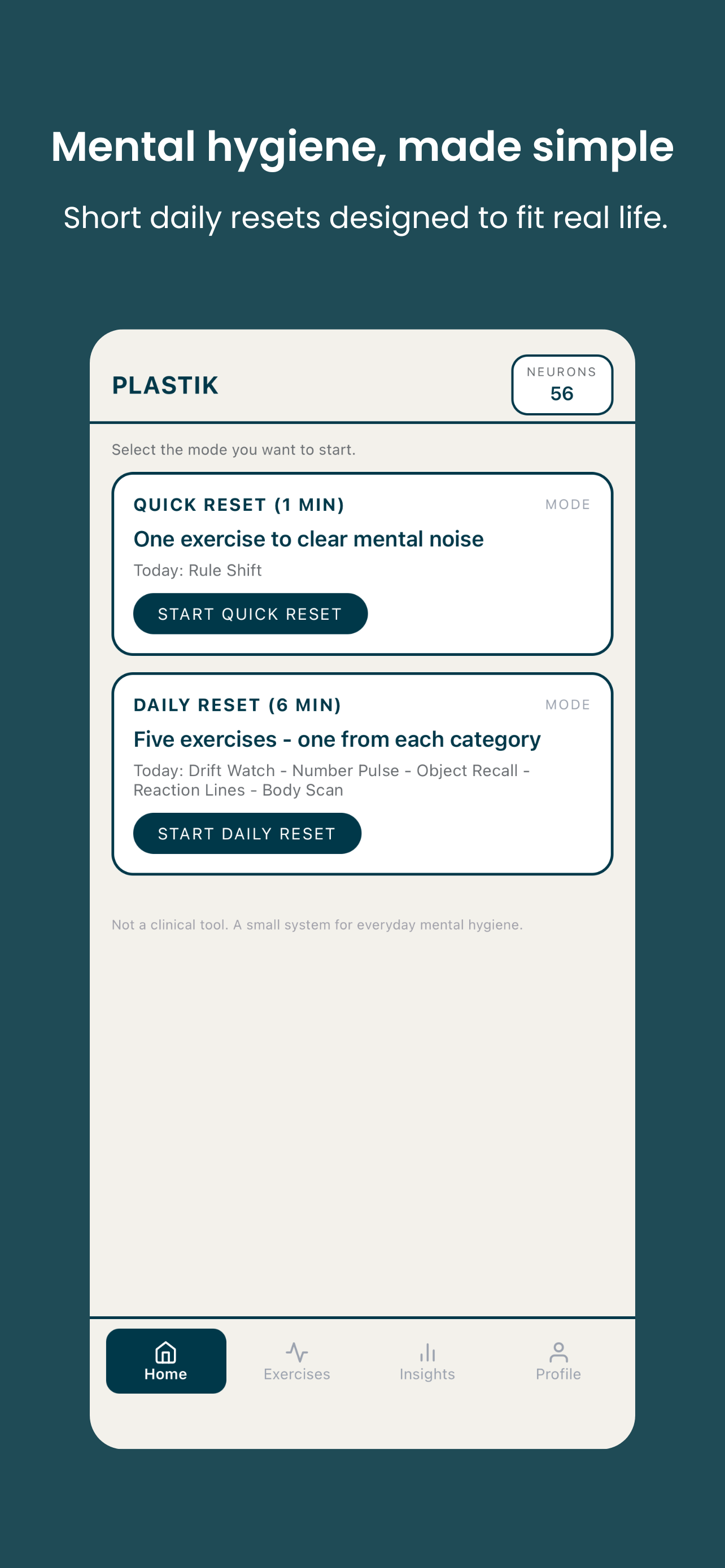 Plastik home with Quick Reset and Daily Reset options